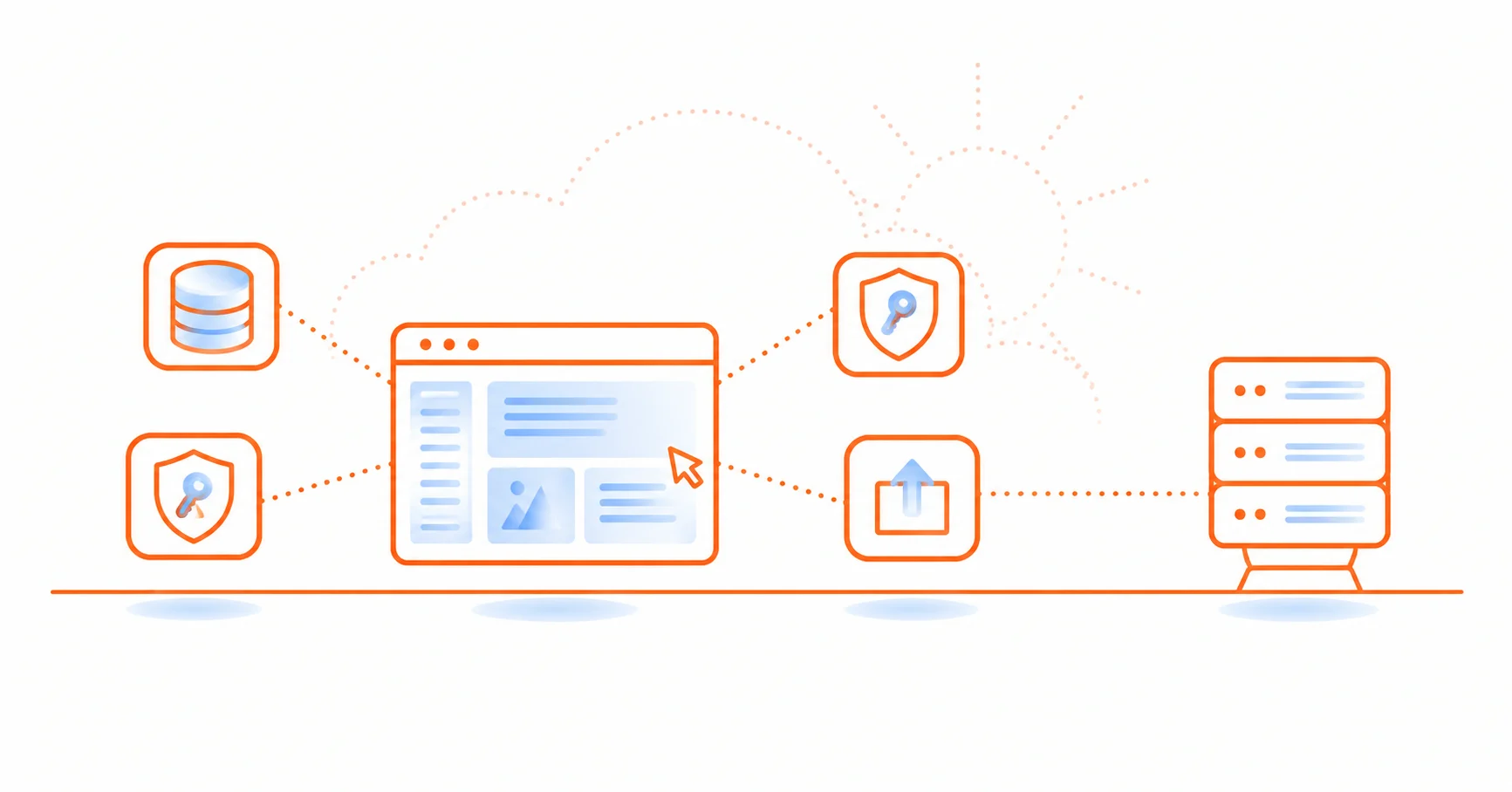 Illustrazione vettoriale flat in stile Cloudflare: un pannello admin di un CMS headless al centro, collegato tramite linee tratteggiate a un'icona di database (relazioni tra contenuti), uno scudo con chiave (permessi e ruoli) e una freccia in un box (aggiornamento di versione), con un'icona di server a destra a rappresentare il self-hosting.
