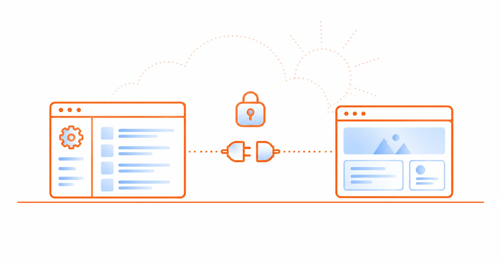 Illustrazione vettoriale flat in stile Cloudflare: un pannello admin CMS a sinistra collegato tramite un'icona a spina a un frontend moderno a destra, con un lucchetto che rappresenta la sicurezza dell'admin esposto.